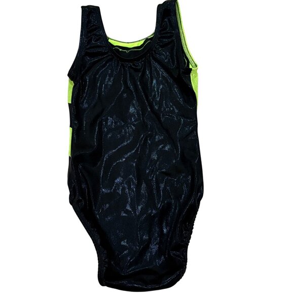Snowflake Designs Shiny Black & Green Gymnastics Leotard Large - Picture 4 of 5